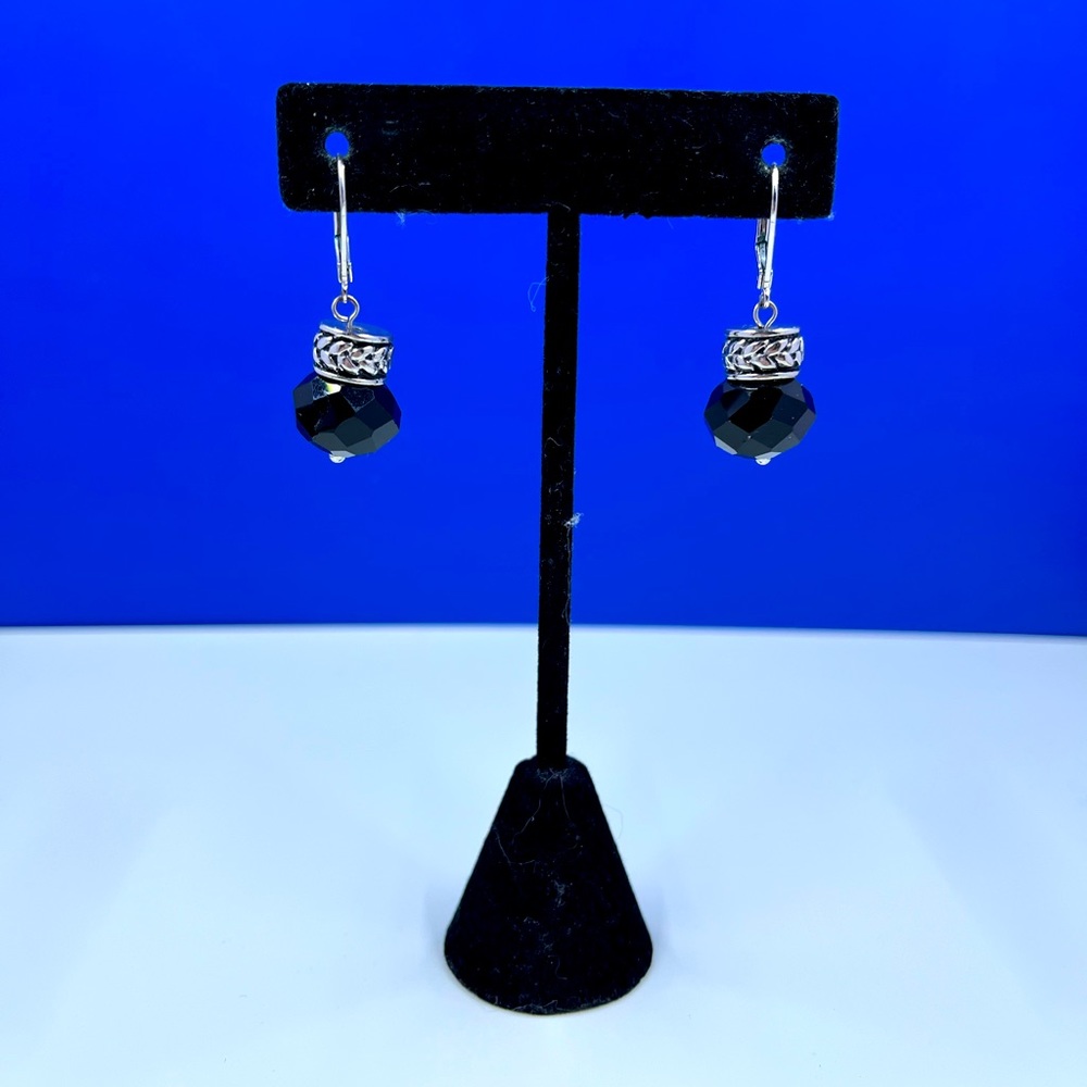 Black Crystal Drop Earrings with Silver Accents